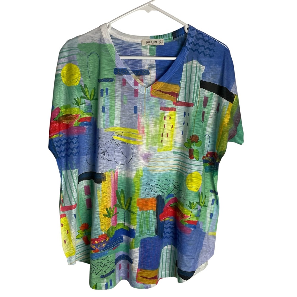 Jess & Jane Womens Santorini Landscape Top Size L Blue V-Neck Slub 100% Cotton